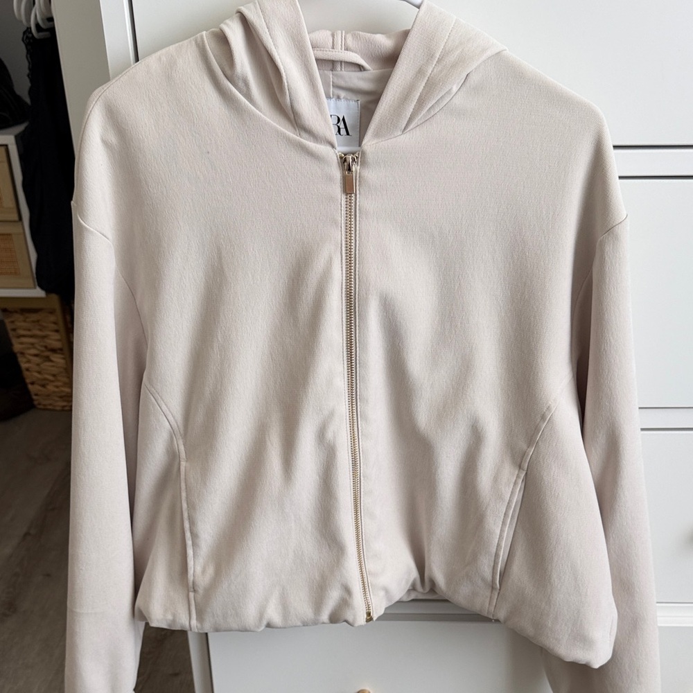 Zara Women's Beige Hooded Bomber Jacket